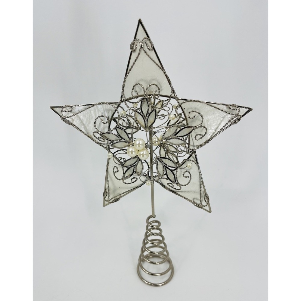 Capiz Shell Silver Star Christmas Tree Topper with Faux Pearls and Scrolls